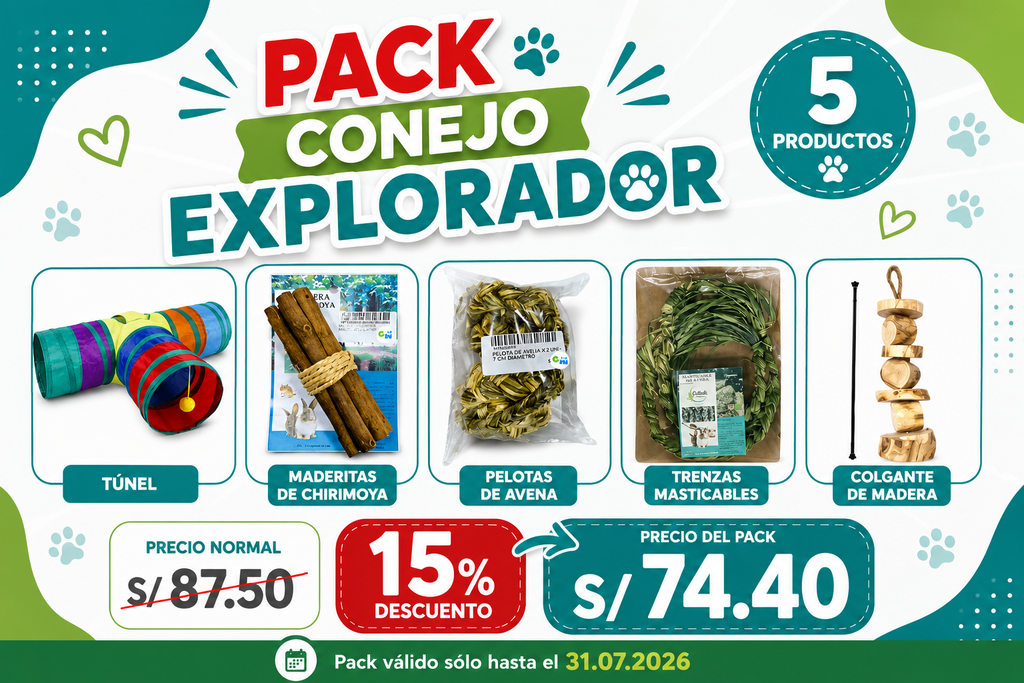 PACK CONEJO EXPLORADOR: Tunel T, palitos chirimoya, pelota de avena, trenza masticable, colgante de madera