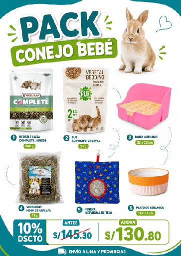 PACK CONEJO BEBÉ: Heno alfalfa verdheno, baño mediano, henera individual, puf 2 kg, versele junior 500 g, plato MKL6000649